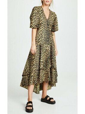 Ganni Bijou Leopard Cotton Wrap Dress Yellow Size 38/ US 6